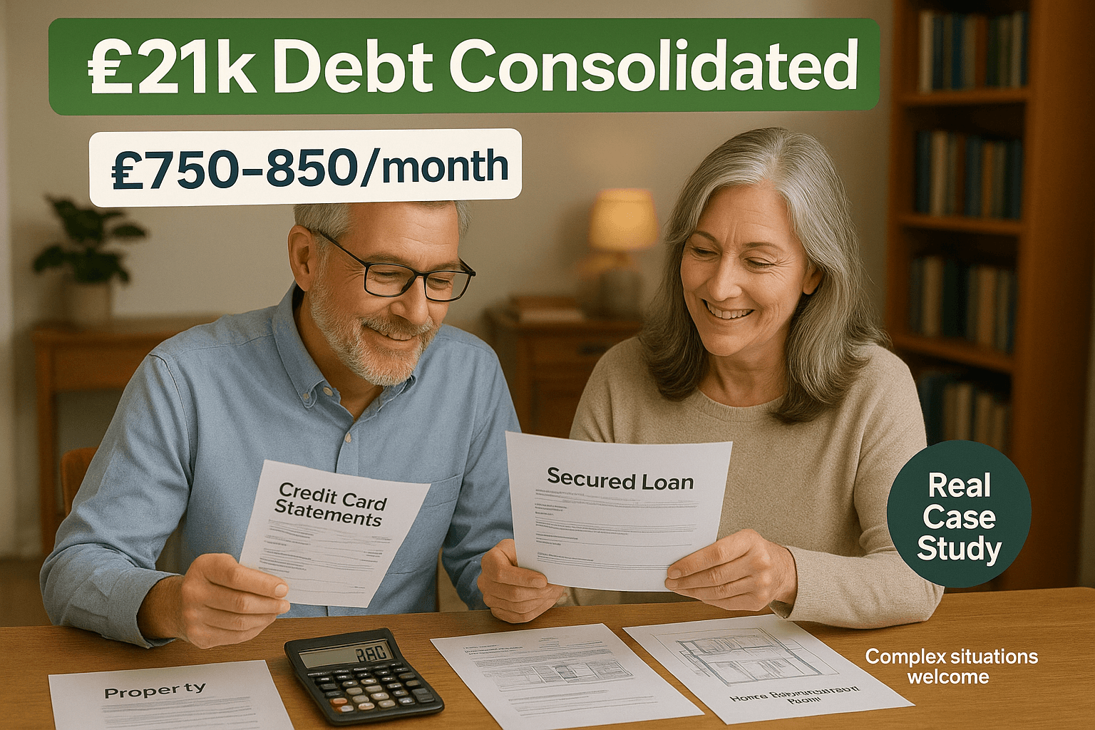 Credit card statements, secured loan docs, calculator, property plans; generic “Mortgage Advisory Service” styling