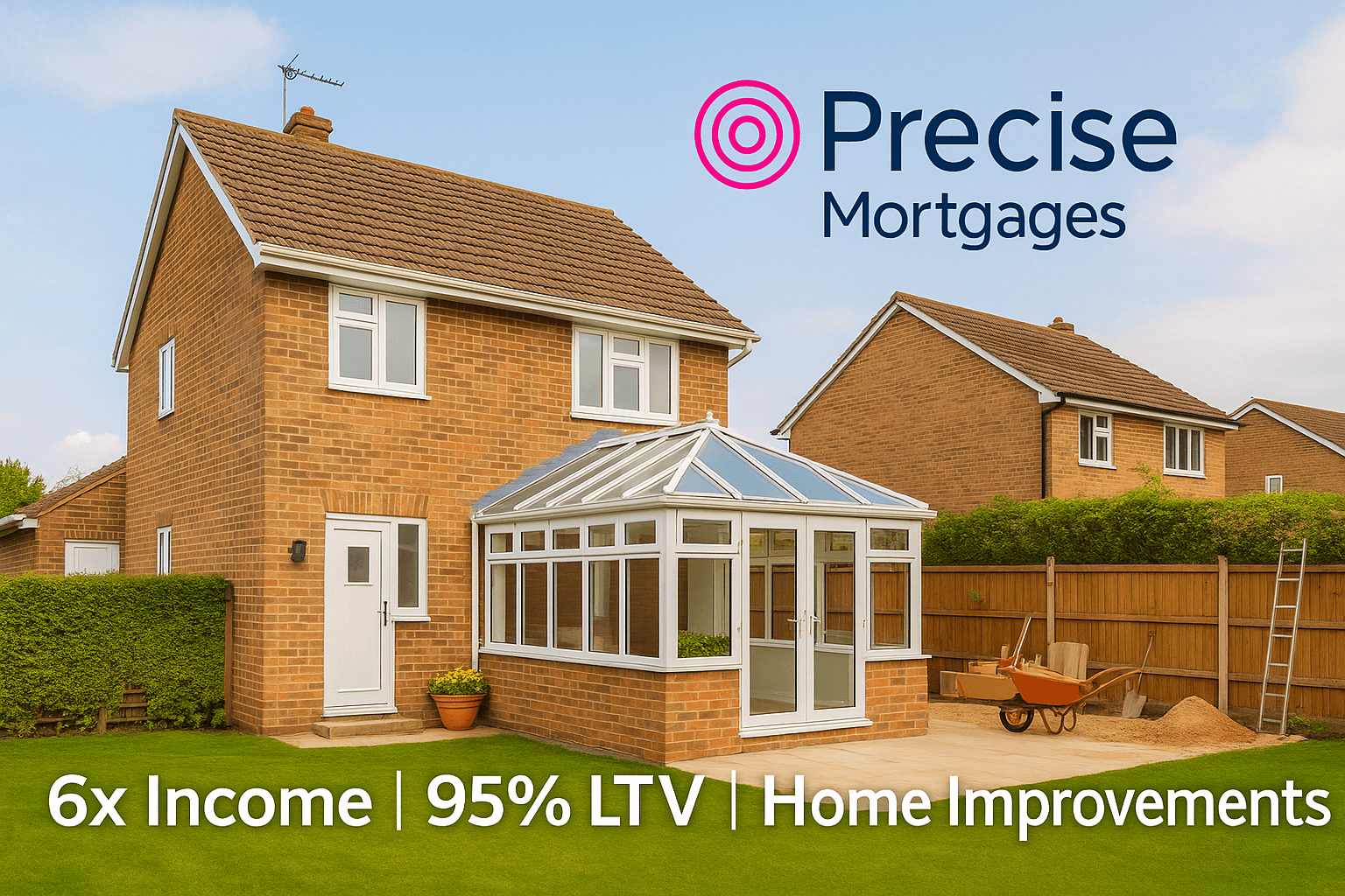 Modern UK family home with new conservatory extension, Precise Mortgages branding, and marketing message highlighting 6x income, 95% LTV, and home improvement lending solutions