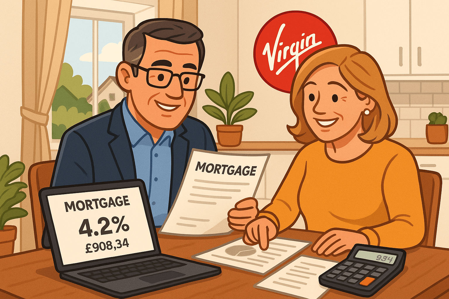 "Cartoon illustration of a professional middle-aged Hampshire couple reviewing Virgin Money mortgage documents at home, with a laptop showing a 4.2% rate and £908.34 monthly payment."