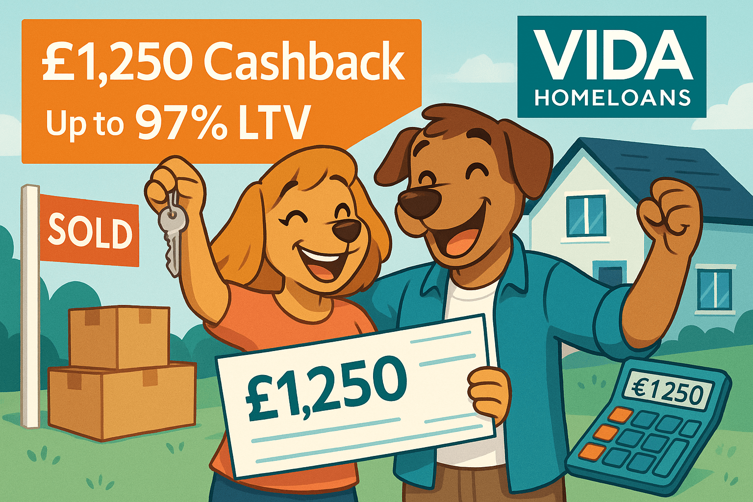 Cartoon of happy dog couple celebrating in front of new home with Vida Homeloans logo, holding house keys and a £1,250 cashback cheque, alongside moving boxes, sold sign, and calculator highlighting up to 97% LTV mortgage offer