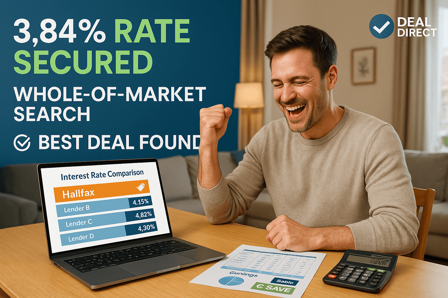 Happy professional celebrating at home after securing a 3.84% mortgage rate through Deal Direct, with laptop showing lender comparison chart highlighting Halifax as the best deal.