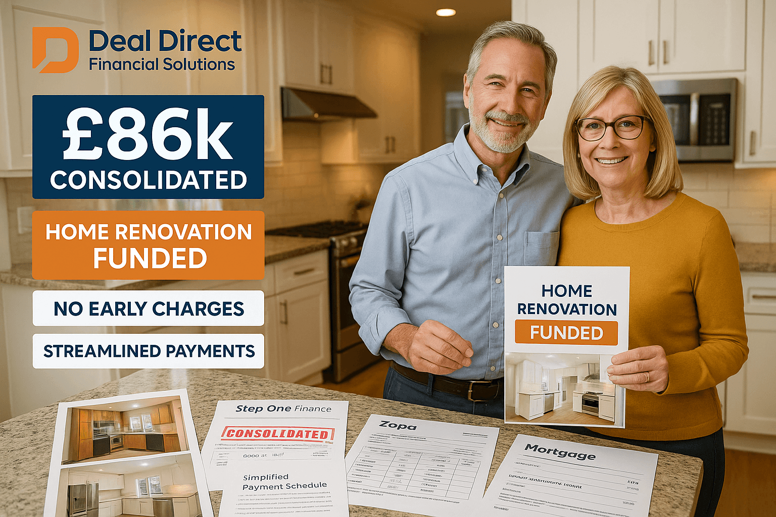 Mature professional couple in their 50s celebrating successful £86k debt consolidation and home renovation funding with Deal Direct Financial Solutions