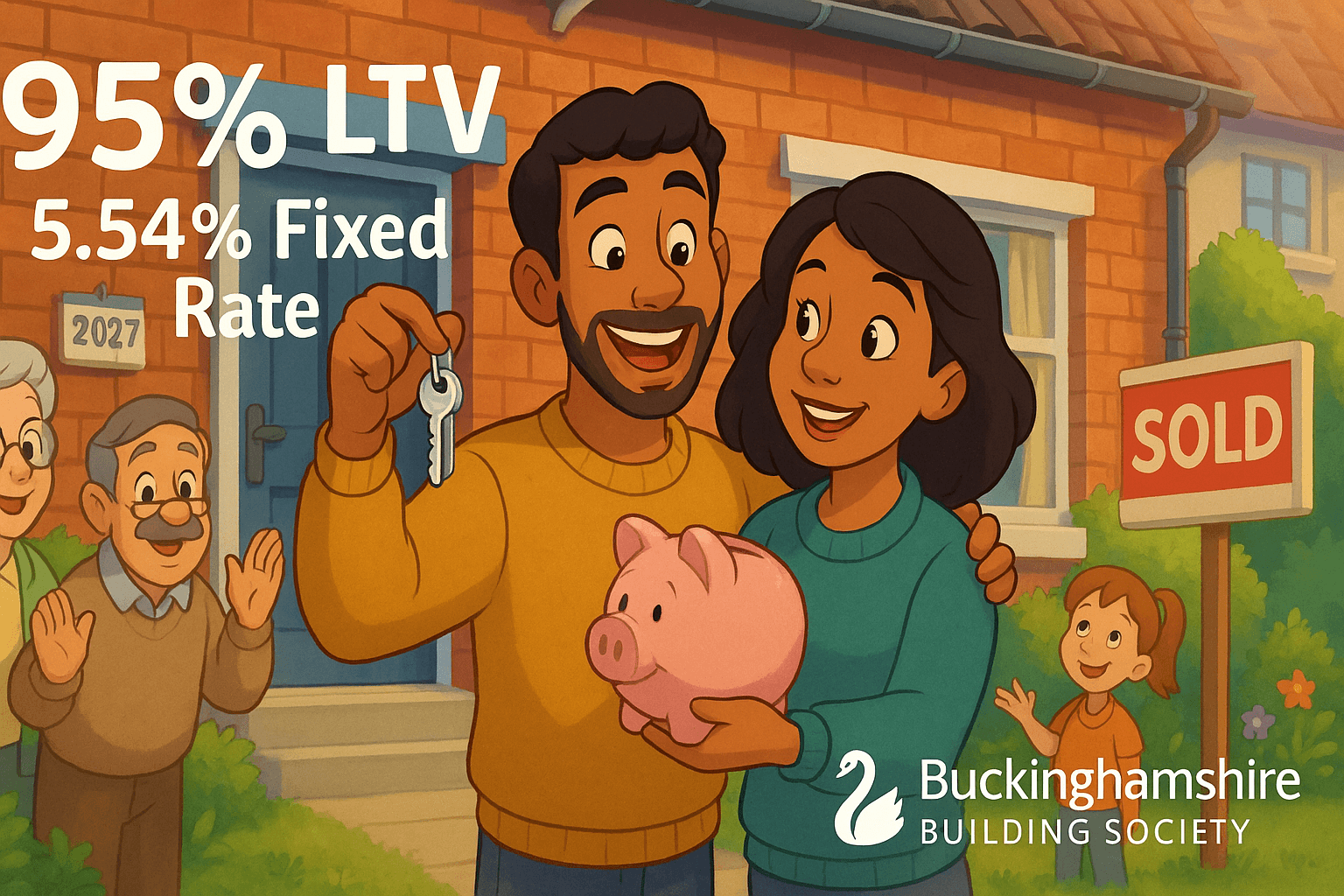 Cartoon-style Disney-inspired illustration of friendly animals as first-time buyers celebrating outside their new home with keys, a SOLD sign, and piggy bank imagery, promoting Buckinghamshire Building Society 95% LTV mortgage at 5.54% fixed rate.