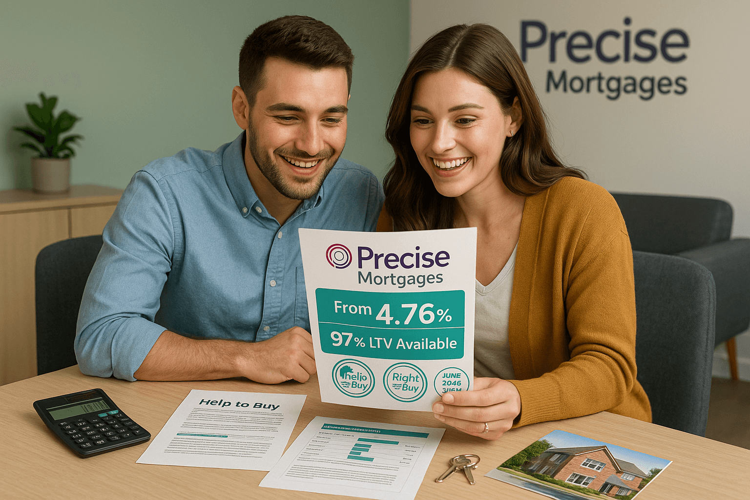 Young first-time buyer couple reviewing Precise Mortgages documents highlighting 97% LTV options, 4.76% rates, Help to Buy and Right to Buy schemes, Sept 2025 update.