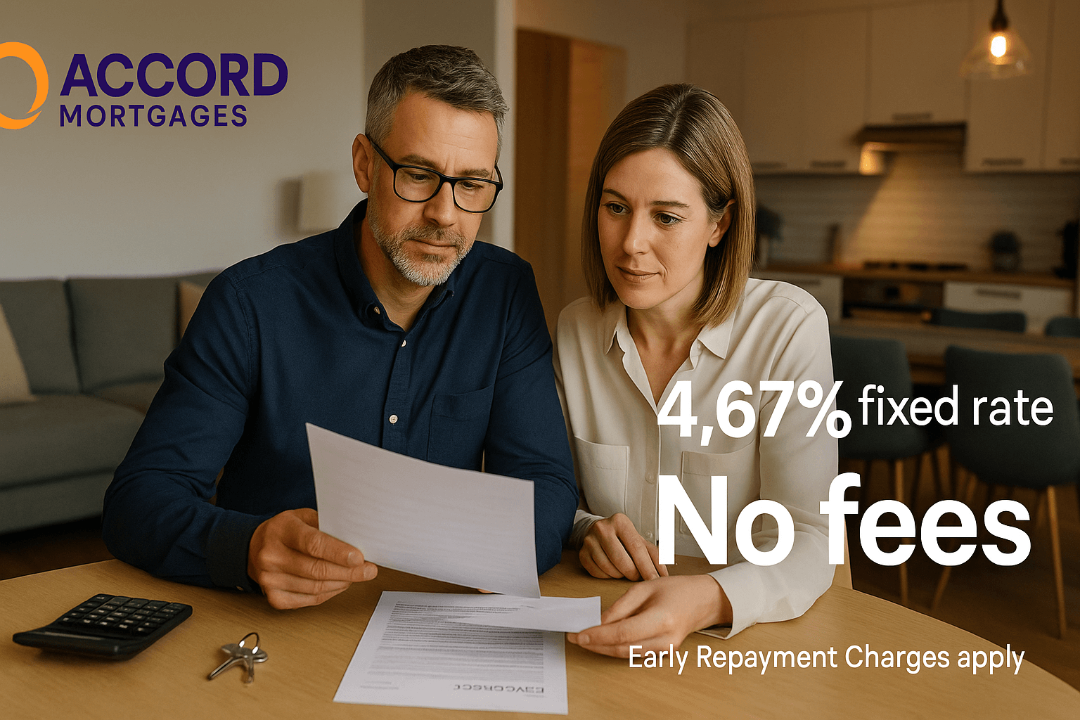 Professional couple reviewing mortgage documents at home with Accord Mortgages branding highlighting 4.67% fixed rate and no fees