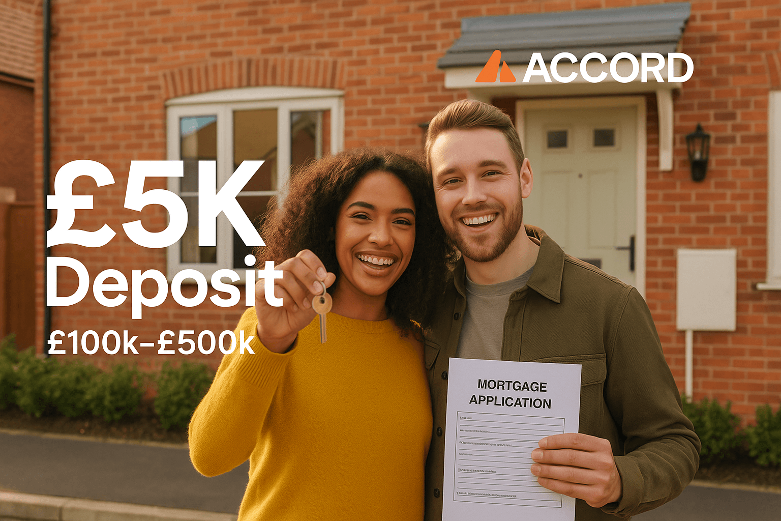 Smiling young first-time buyers celebrating outside their new home with house keys and mortgage application, promoting Accord Mortgages £5,000 deposit offer for properties up to £500k