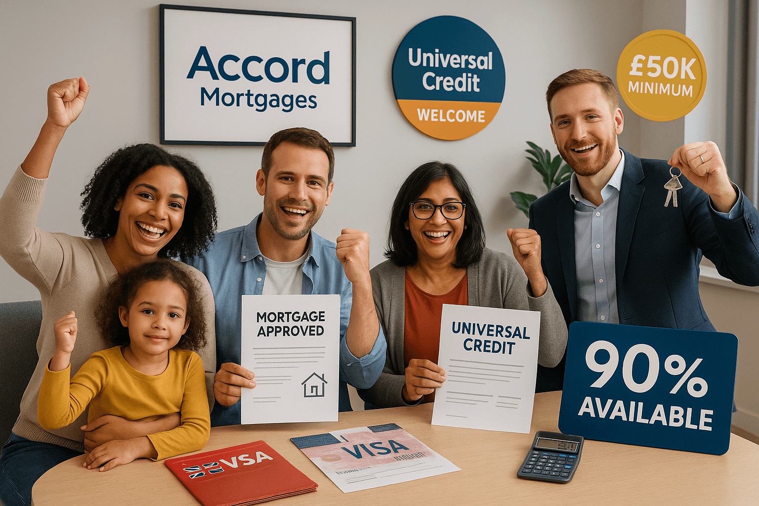 Diverse applicants celebrating mortgage approval with Accord Mortgages, highlighting 90% LTV for foreign nationals, Universal Credit acceptance, and £50k minimum income.