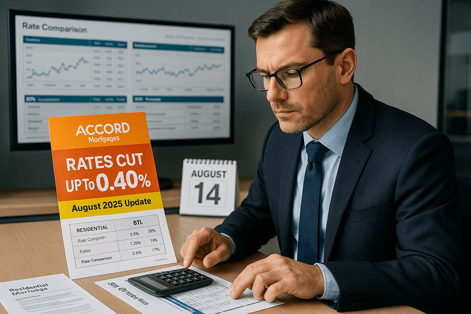 Professional mortgage adviser reviewing Accord Mortgages August 2025 rate comparison charts, highlighting up to 0.40% reductions for residential and buy-to-let loans with August 13 deadline.