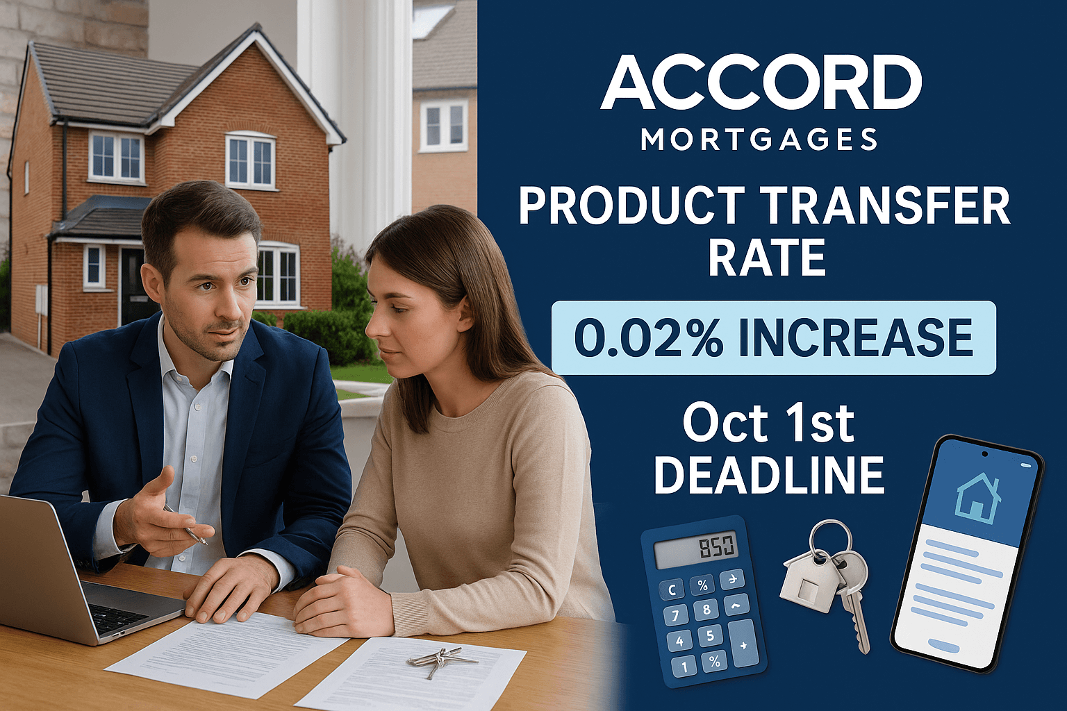Mortgage adviser with client discussing Accord Mortgages product transfer as October 1st deadline and 0.02% rate increase are highlighted on screen.
