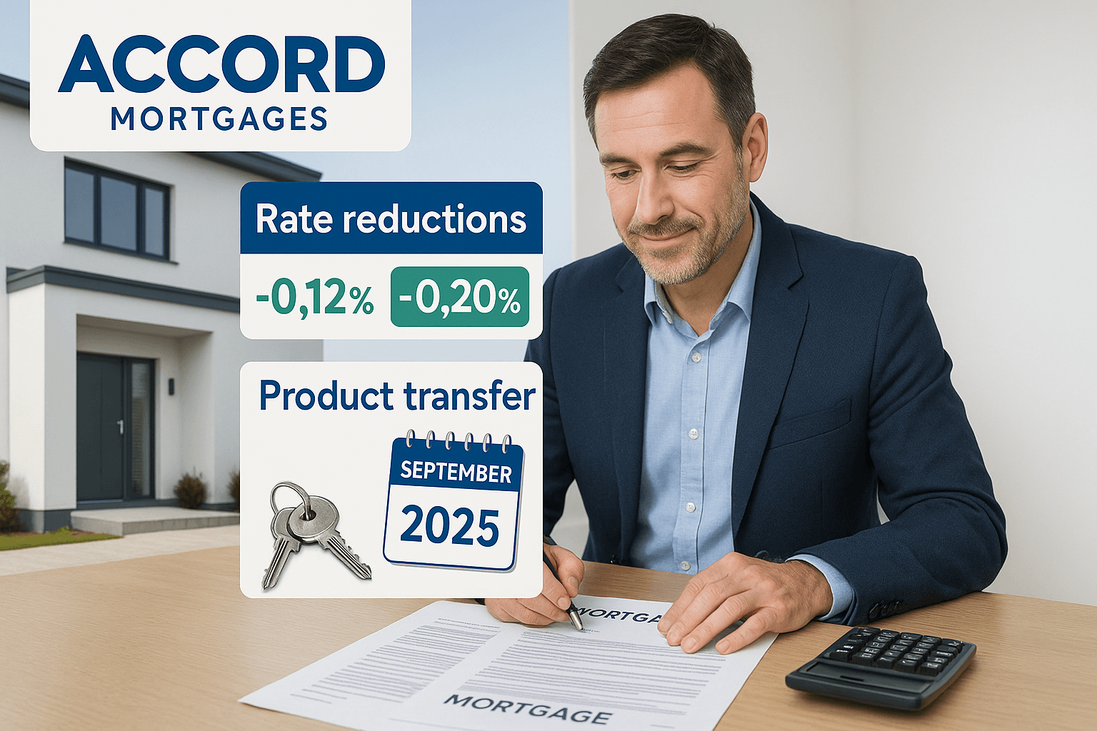 Professional landlord reviewing mortgage documents with Accord Mortgages branding, highlighting September 2025 product transfer rate reductions of 0.12% and 0.20%