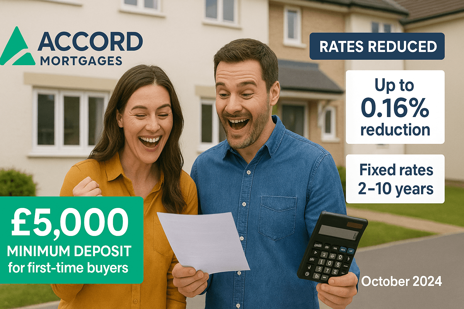 Happy couple celebrating mortgage savings outside their new UK home with Accord Mortgages branding, promoting up to 0.16% rate reduction, fixed rates from 2 to 10 years, and £5,000 minimum deposit for first-time buyers