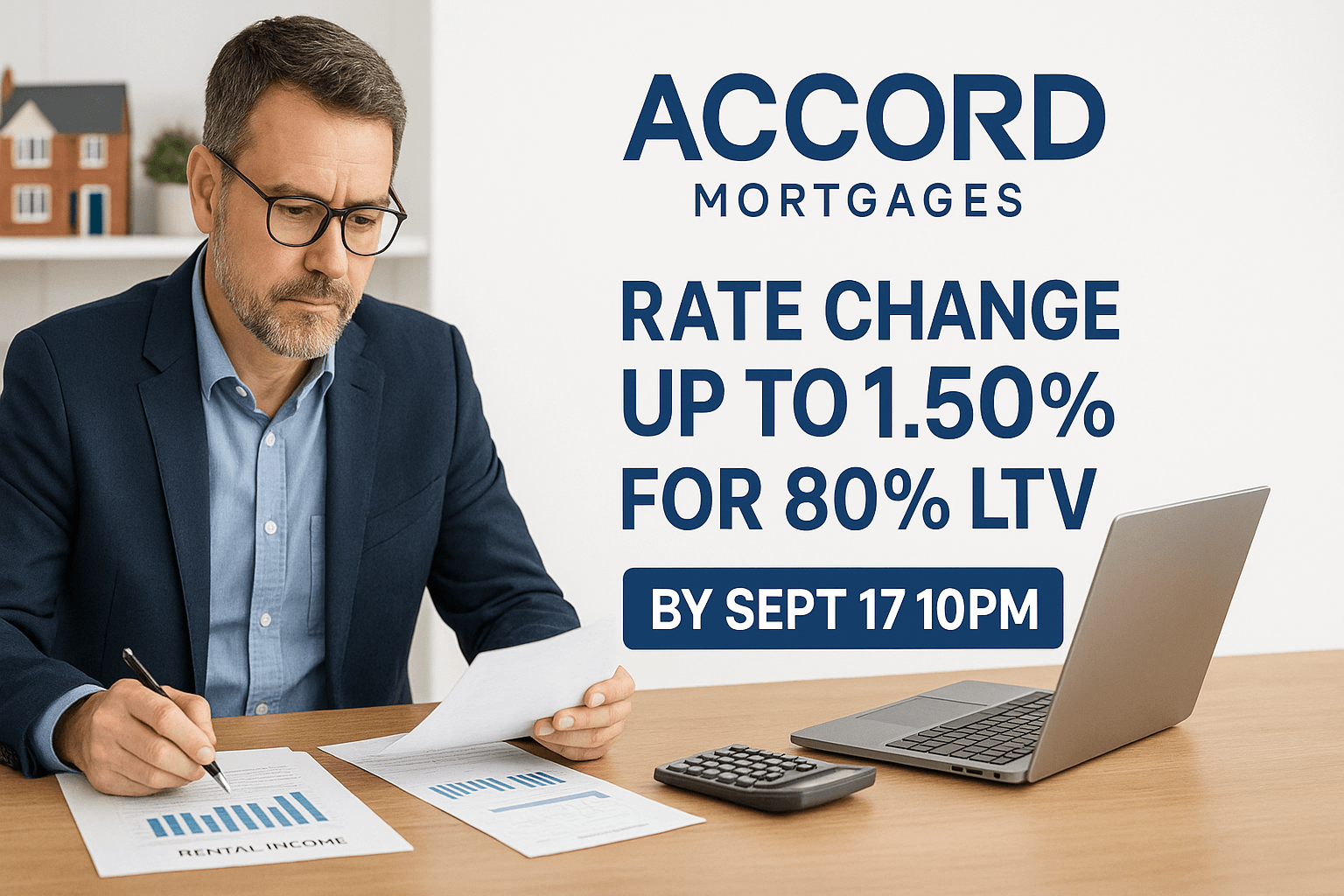 Professional landlord reviewing mortgage documents with Accord Mortgages branding, highlighting BTL rate increase up to 1.50% at 80% LTV and deadline of September 17, 2025, 10pm