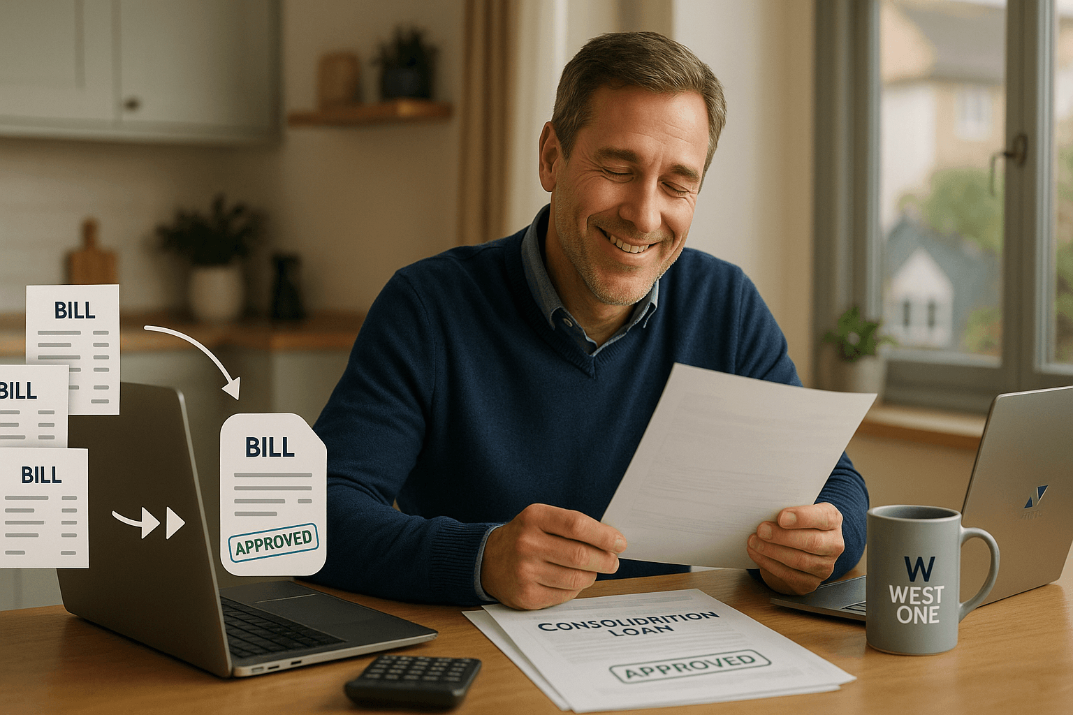 Professional man in his 40s smiling while holding approved account consolidation document, with mortgage papers, laptop, and West One branding in a warm home office setting