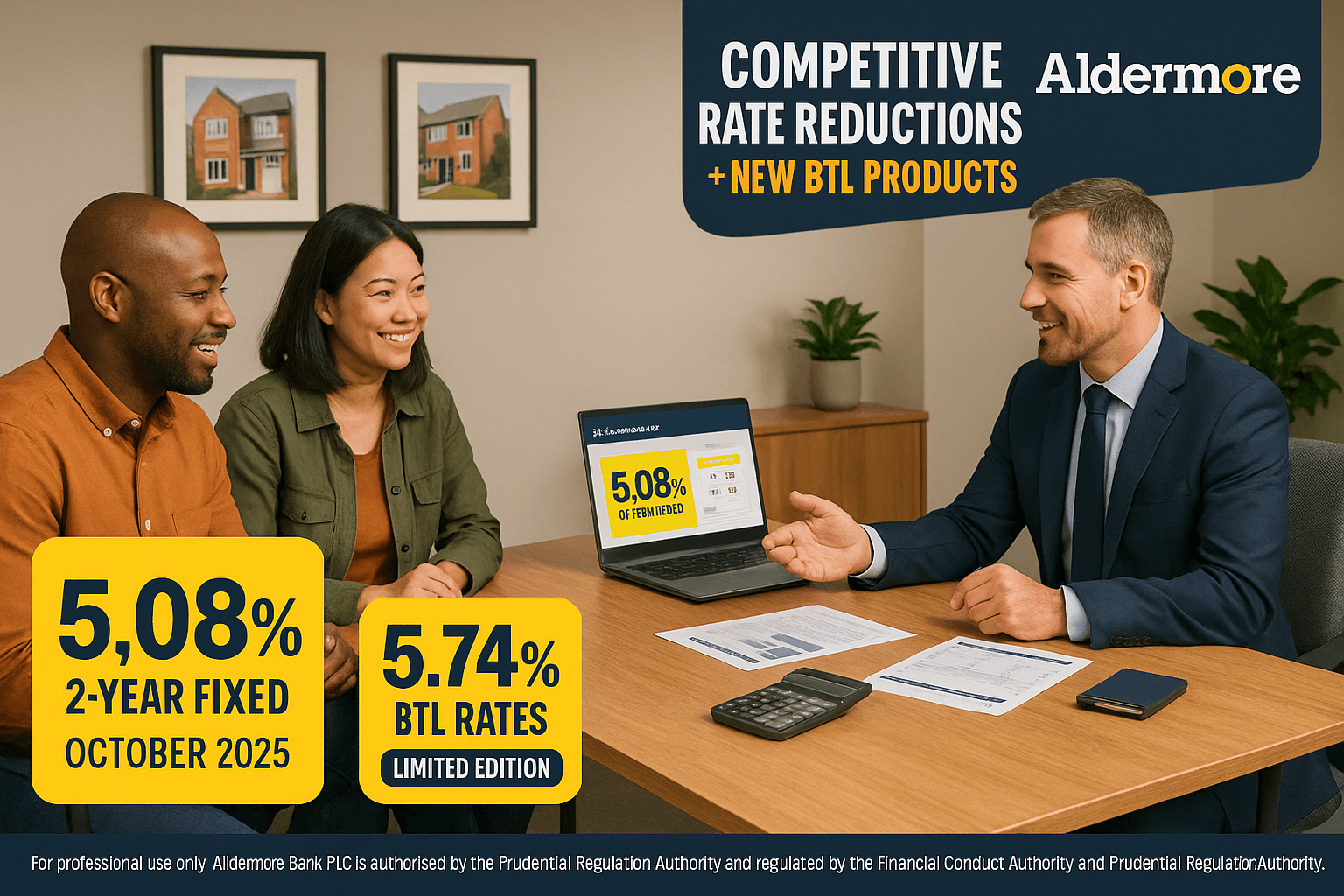 Mortgage adviser consulting diverse clients in a modern office about Aldermore’s competitive mortgage rate reductions and new buy-to-let products, featuring 5.08% 2-year fixed rate and 5.74% BTL rates, October 2025.