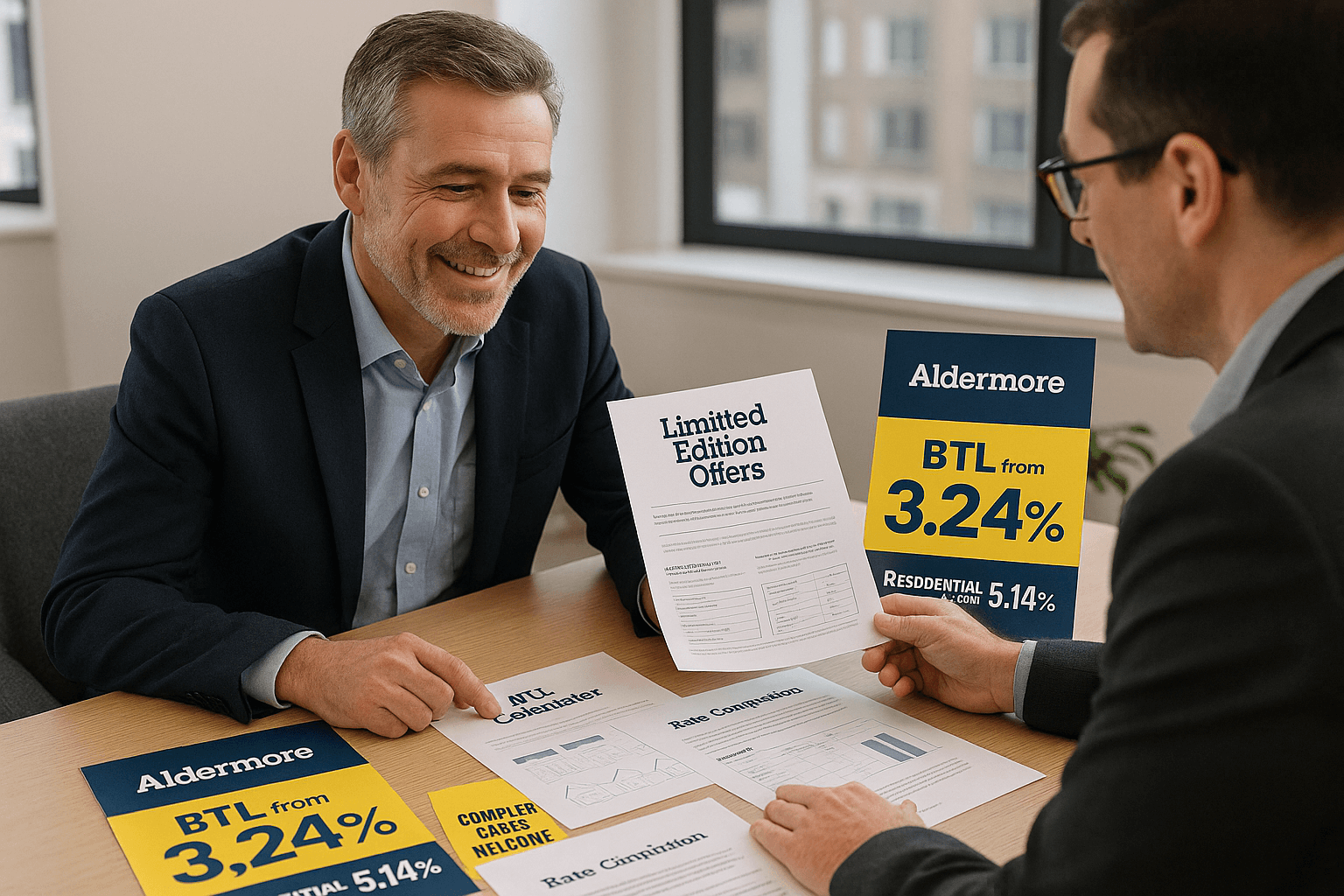 Portfolio landlord with adviser reviewing Aldermore mortgage documents showing BTL from 3.24%, Residential from 5.14%, Limited Edition Offers, and Complex Cases Welcome.