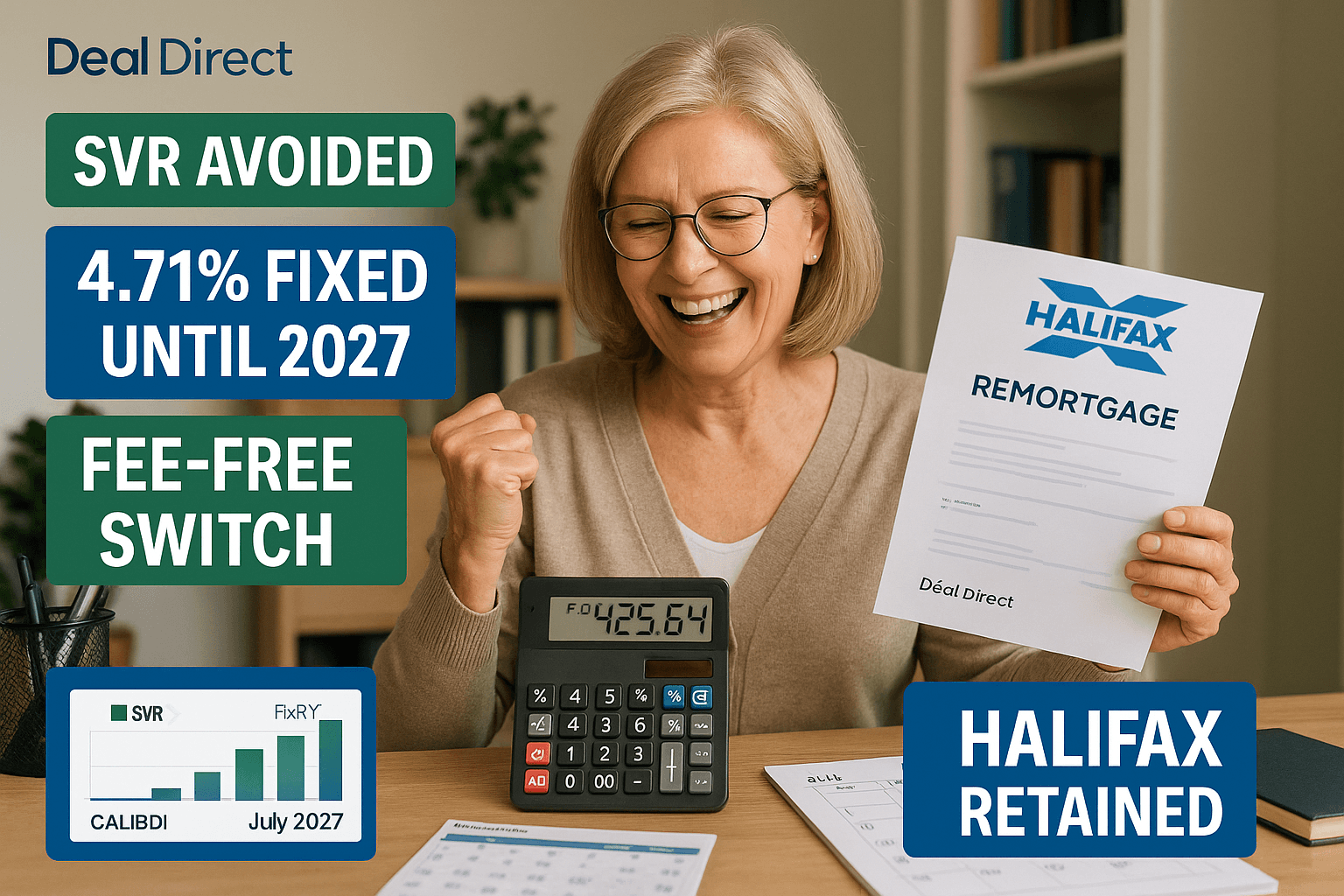 Professional woman in late 50s celebrating Halifax remortgage success, showing “SVR Avoided,” “4.71% Fixed Until 2027,” “Fee-Free Switch,” and “Halifax Retained” banners with calculator displaying £425.64 monthly payment.