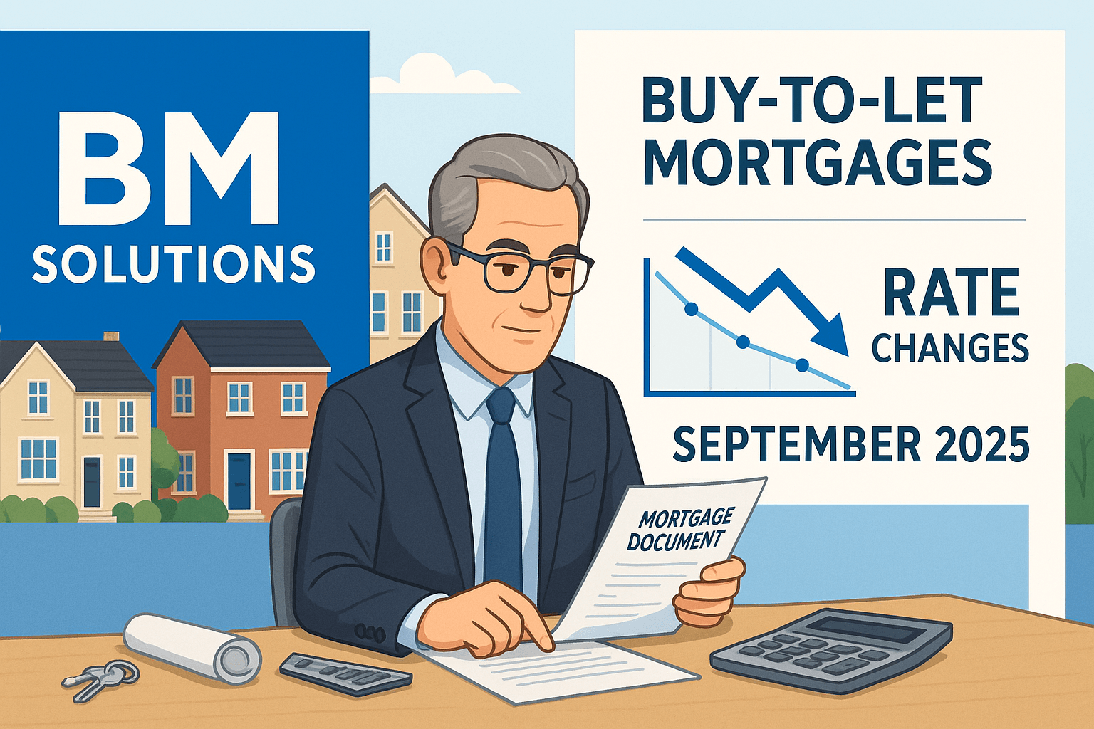 BM Solutions buy to let mortgage illustration with landlord reviewing documents, rental properties, and September 2025 rate update.