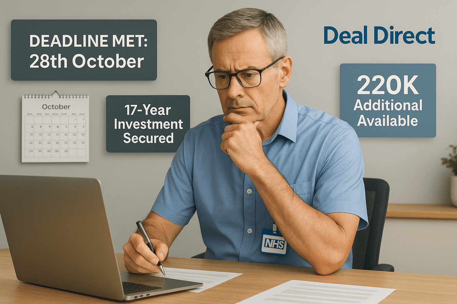 A middle-aged NHS professional reviews documents in a home office with a laptop and calendar showing an October 28th deadline. Text overlays highlight “Deadline Met: 28th October,” “£20K Additional Available,” and “17-Year Investment Secured,” with Deal Direct branding.