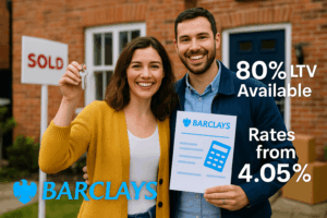 Happy young couple celebrating outside new UK home with Barclays mortgage documents and house keys, highlighting 80% LTV availability and competitive rates.