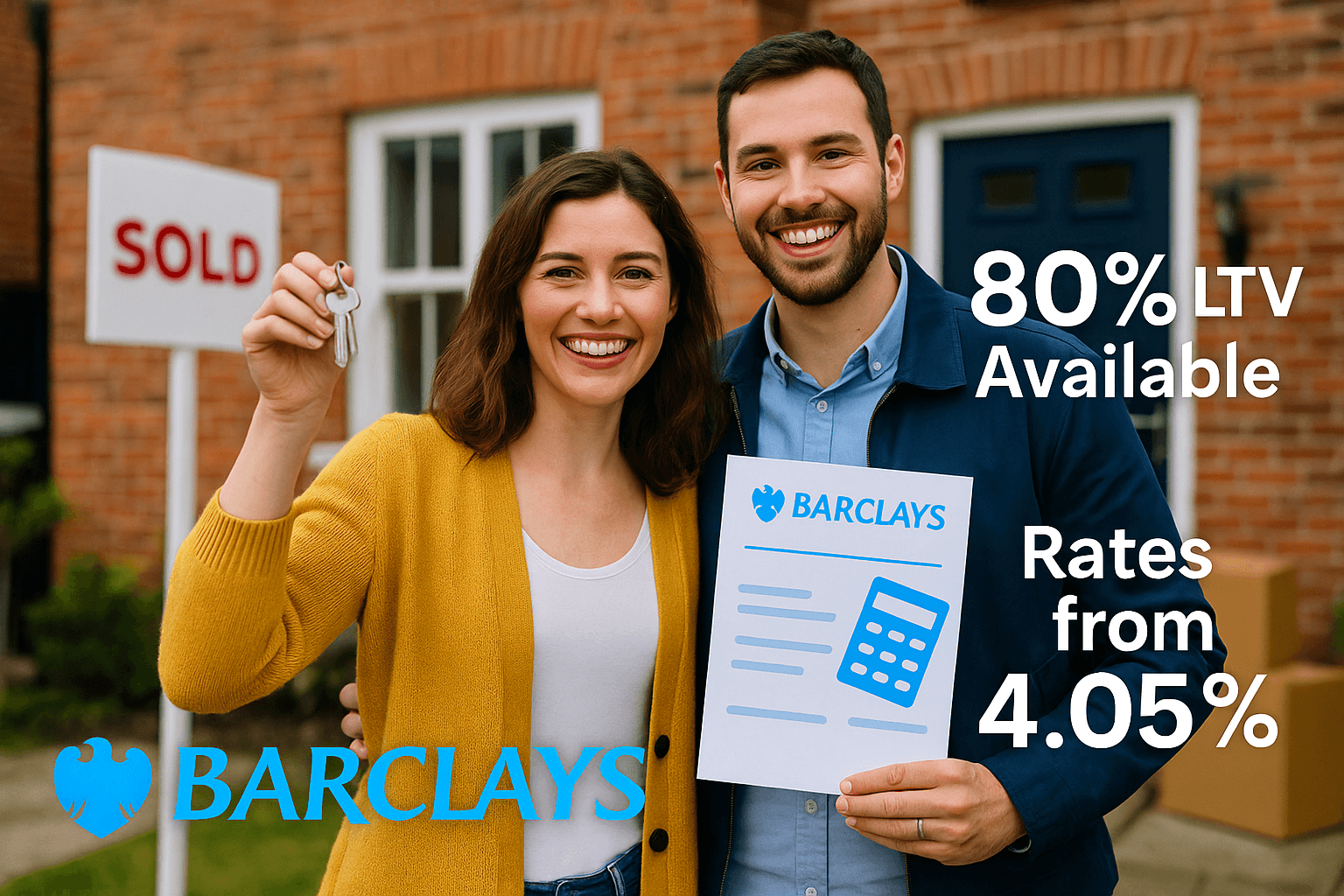 Happy young couple celebrating outside new UK home with Barclays mortgage documents and house keys, highlighting 80% LTV availability and competitive rates.
