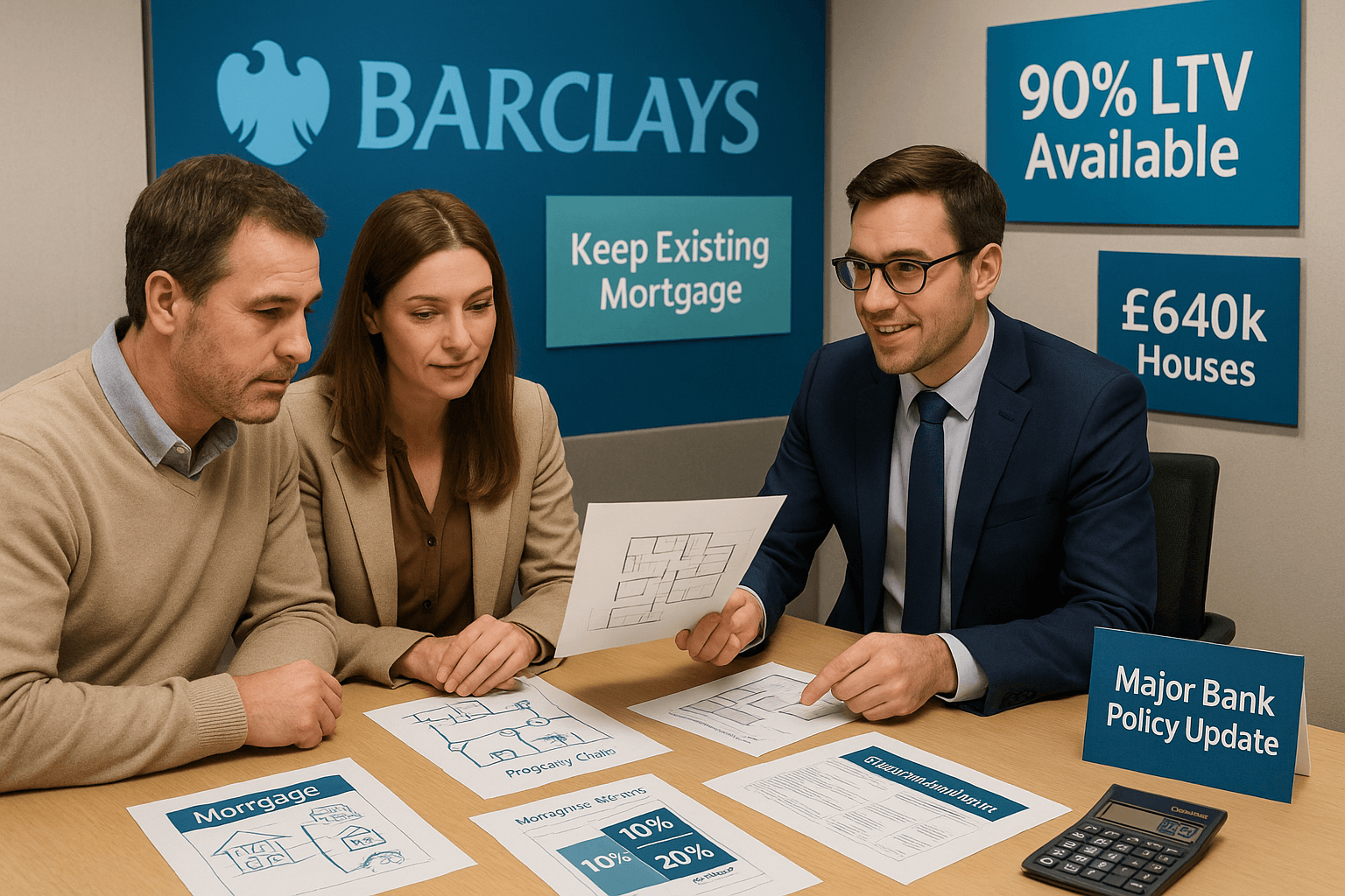 Professional family consulting Barclays mortgage adviser about 90% LTV policy, reviewing property plans and documentation with branding, policy update, and flexibility messaging.