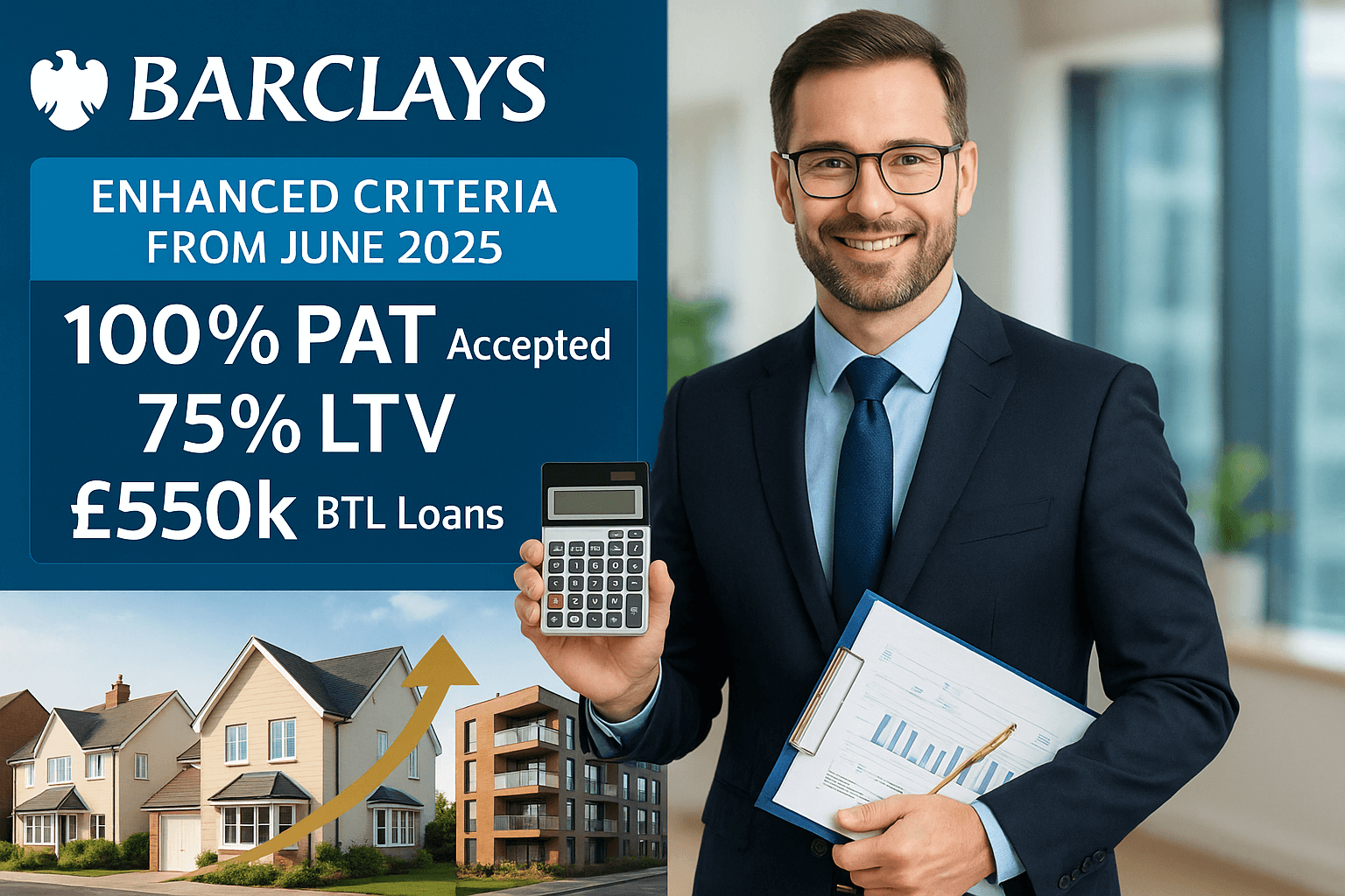 Professional Barclays mortgage promotion featuring a businessperson with calculator, property imagery, and key lending criteria highlighting 100% PAT accepted, 75% LTV, and £550k buy-to-let loans effective