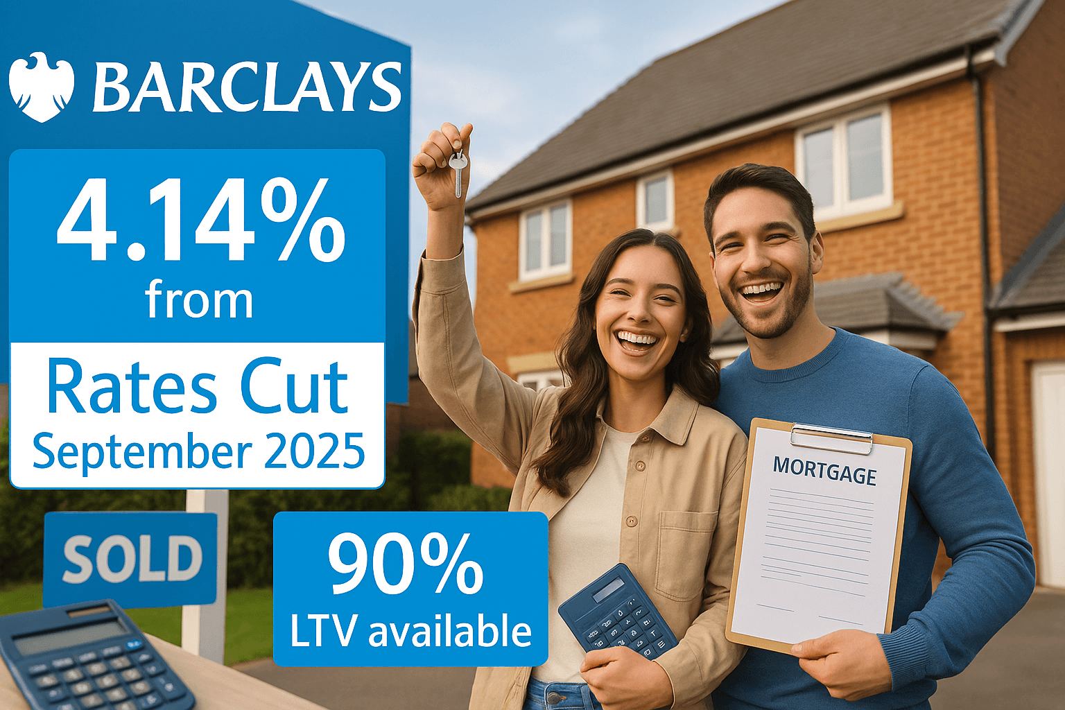 Young couple celebrating outside their new UK home with Barclays mortgage, holding keys and documents, next to a SOLD sign. Promotional banner highlights 4.14% rates from September 2025 and 90% LTV availability.