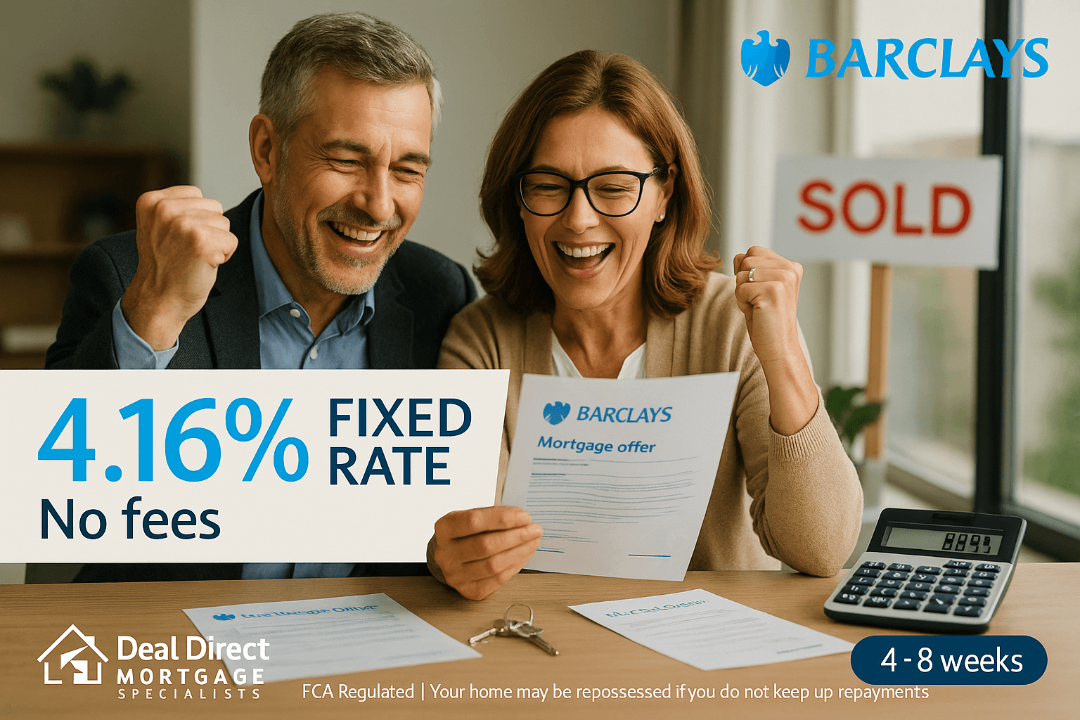 Happy professional couple celebrating new home purchase with Barclays mortgage approval, holding documents showing 4.16% fixed rate and no fees, alongside Deal Direct Financial branding