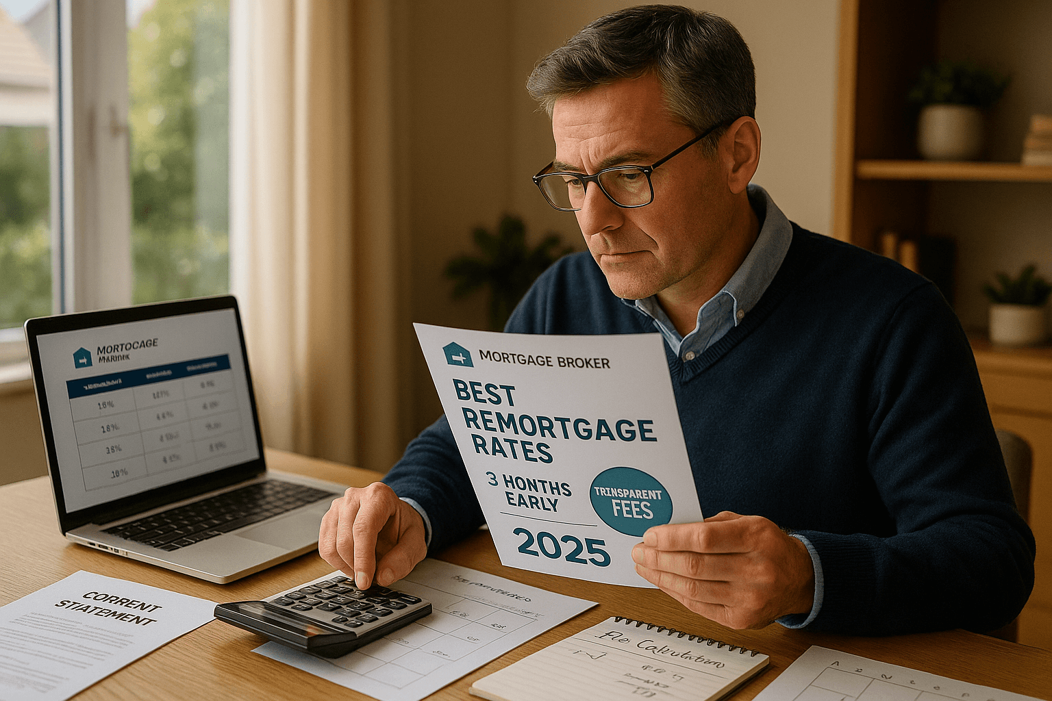 Middle-aged homeowner reviewing remortgage documents with calculator, laptop rate comparisons, and calendar highlighting planning ahead for 2025.