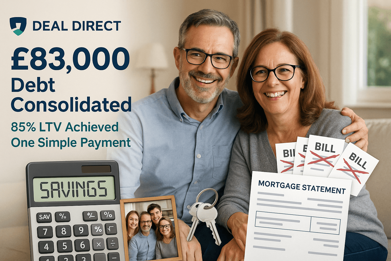 Smiling Birmingham couple celebrating debt consolidation success with Deal Direct Mortgages, highlighting £83,000 debt consolidated, 85% LTV achieved, and one simple payment.