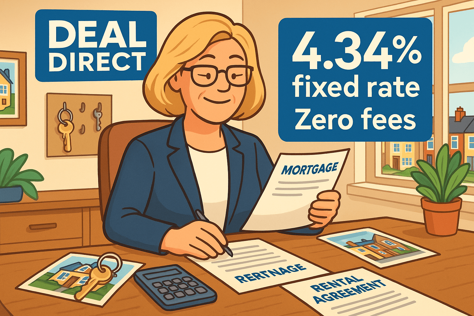 Cartoon illustration of a professional landlord in a modern home office reviewing mortgage documents, highlighting Deal Direct’s 4.34% fixed rate and zero fees