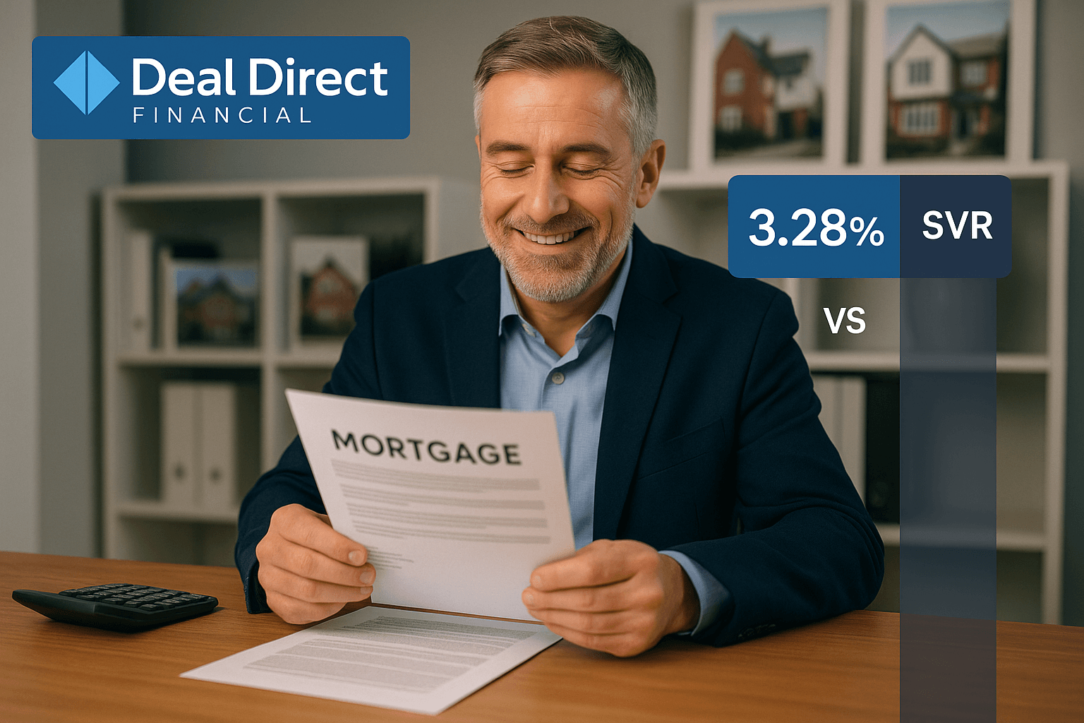 Professional landlord smiling while reviewing mortgage documents with calculator, UK property portfolio in background, and Deal Direct Financial branding showing 3.28% vs higher SVR rates.