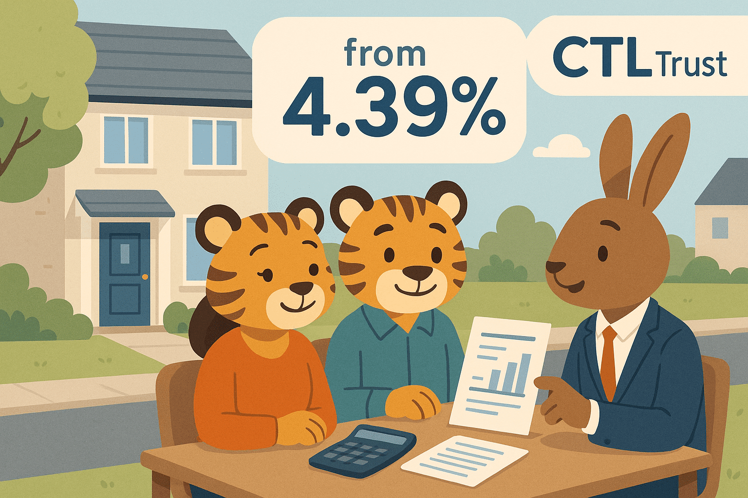 Cartoon-style mortgage consultation outside a modern UK home with CTL Trust branding, a couple reviewing documents with an advisor, and rate display showing from 4.39%