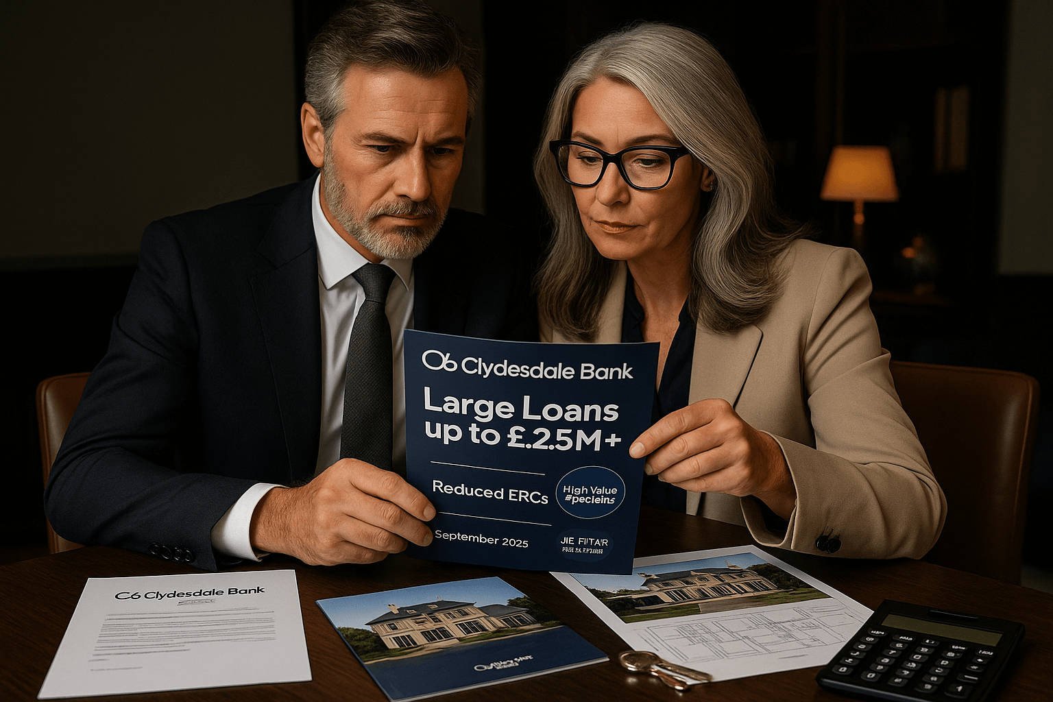 Affluent couple reviewing Clydesdale Bank large loan mortgage documents highlighting loans up to £2.5M+, reduced ERCs, and September 2025 high-value specialist offer.