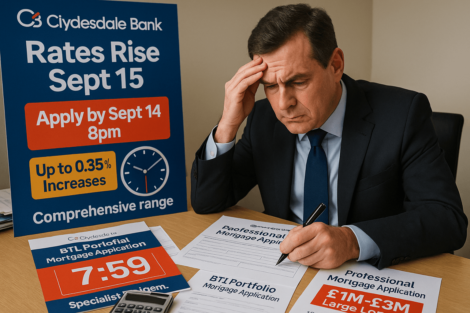 Professional borrower urgently completing Clydesdale Bank mortgage applications with visible September 14 deadline countdown, highlighting rate rise warning and large loan options.