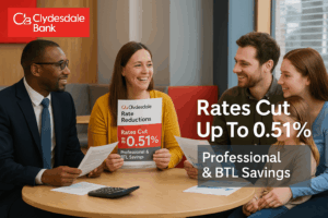 Diverse group of Clydesdale Bank customers including a professional, a buy-to-let investor, and a homeowner family celebrating rate reductions with branding highlighting “Rates Cut Up To 0.51%” and “Professional & BTL Savings” in a modern bank branch setting.