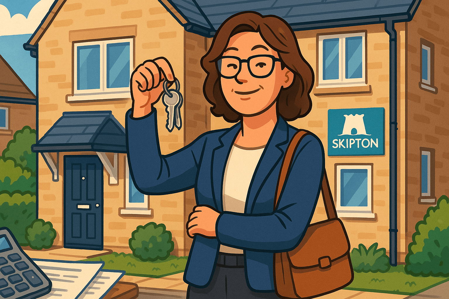 Cartoon illustration of a professional woman in her 40s holding house keys outside a modern shared ownership home with Skipton Building Society branding