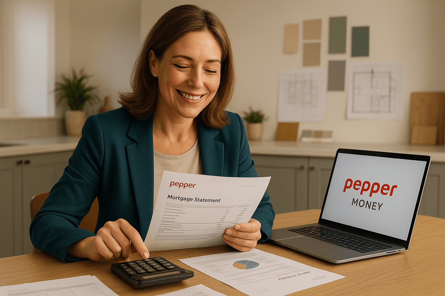 A professional woman in her mid-40s sits at a tidy home office desk, reviewing mortgage documents with a calculator and laptop displaying the Pepper Money logo, conveying financial control and relief in a modern UK home setting.