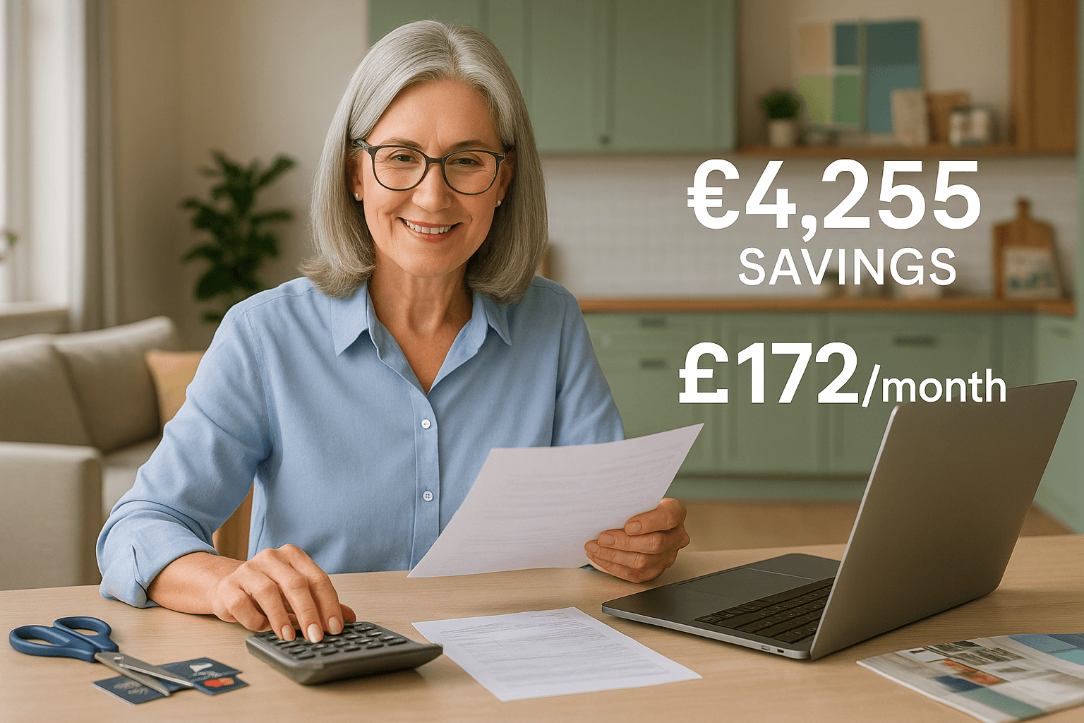 Retired woman in her 60s reviewing financial documents at a modern home table with a laptop and calculator, illustrating smart remortgage savings of £4,255 and £172 per month.