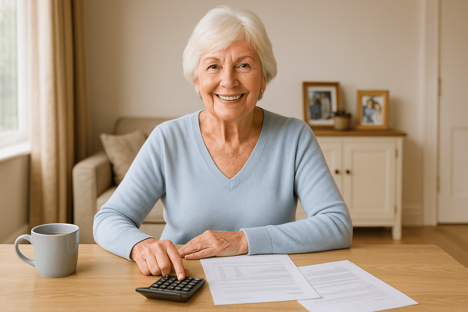 Smiling retired woman in her 70s sitting at a kitchen table with financial documents and a calculator, symbolising financial clarity and retirement planning in a warm family home.