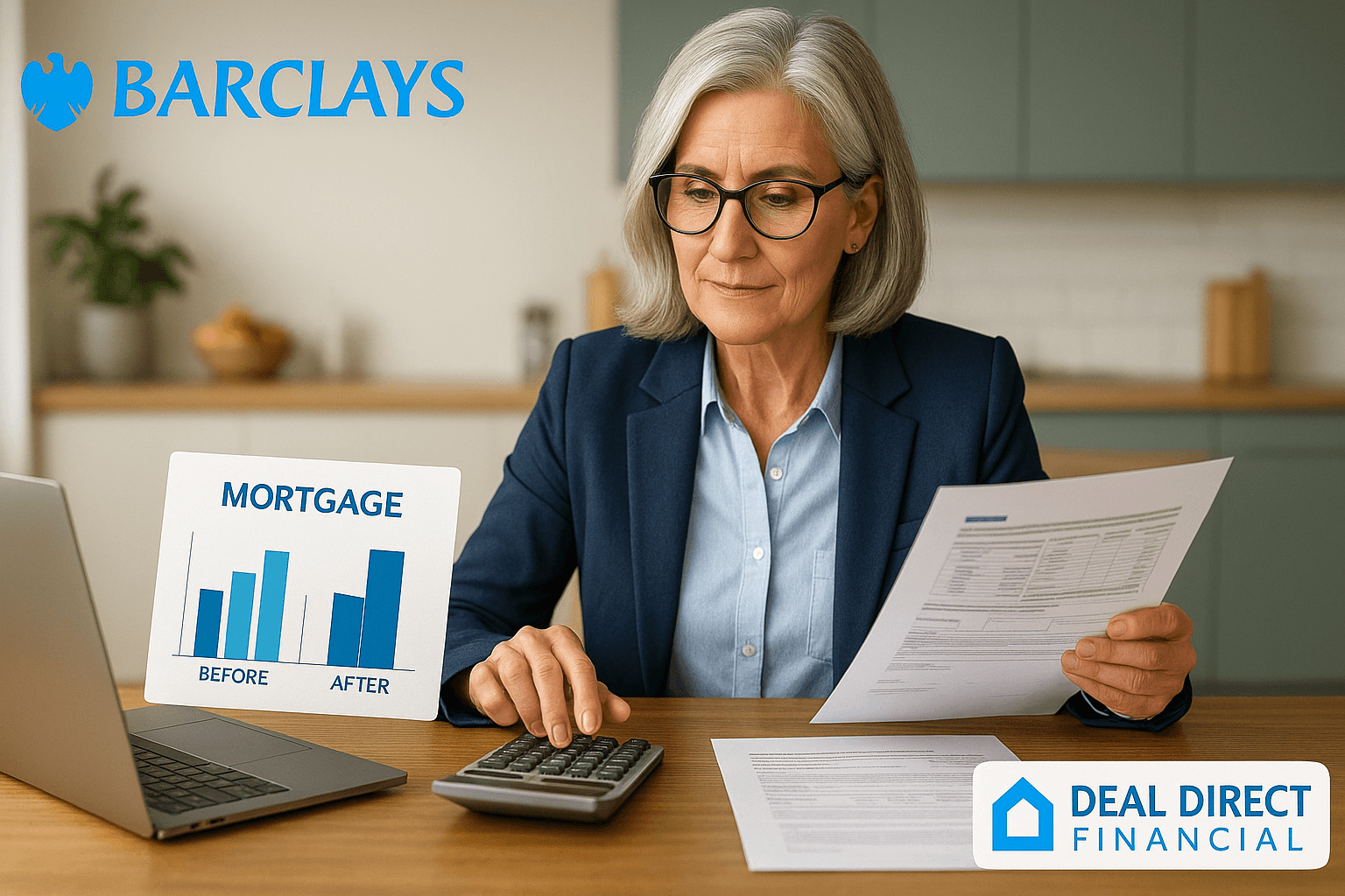 Professional woman in her 60s reviewing mortgage documents with laptop and calculator, showing before and after mortgage chart, Barclays and Deal Direct Financial branding.