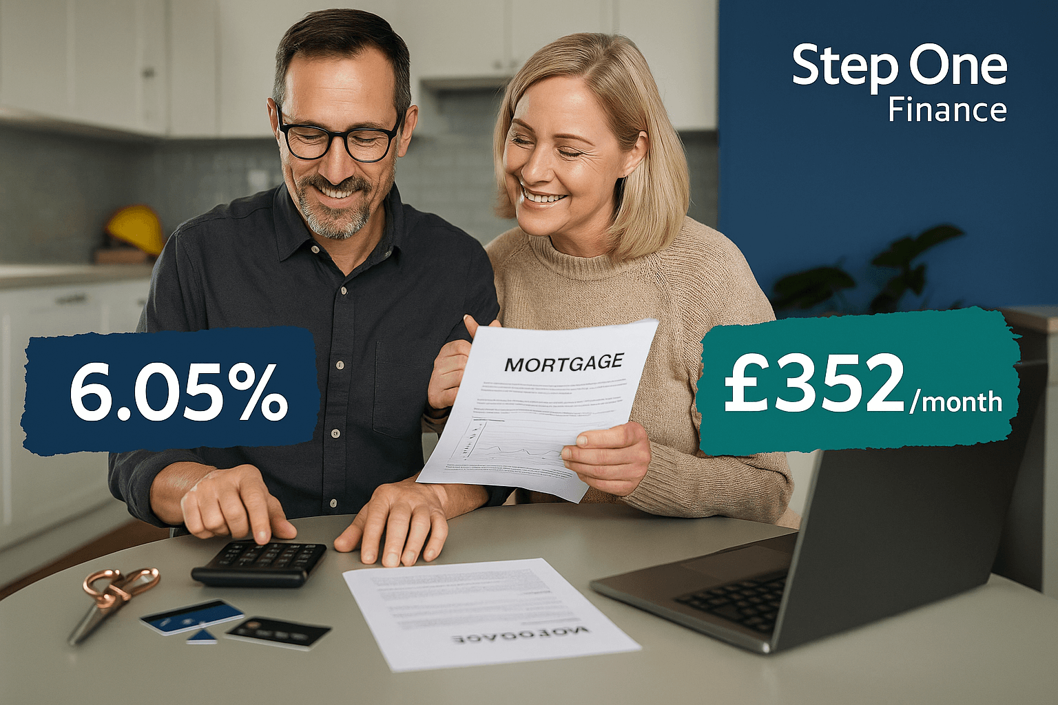 Professional contractor couple in modern kitchen reviewing mortgage documents with calculator and laptop, showing relief and control. Step One Finance branding highlights 6.05% rate and £352 per month payment.