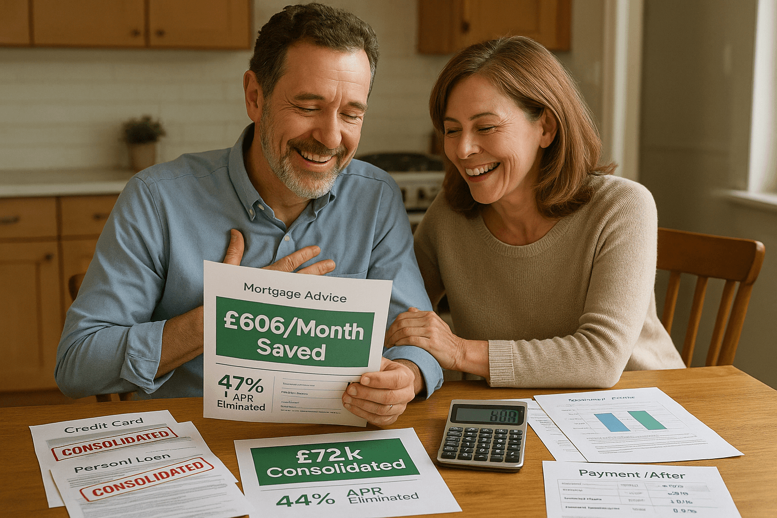 A relieved middle-aged couple at a kitchen table smiling while reviewing debt consolidation documents, showing £606 monthly savings, £72k consolidated, and 44% APR eliminated.