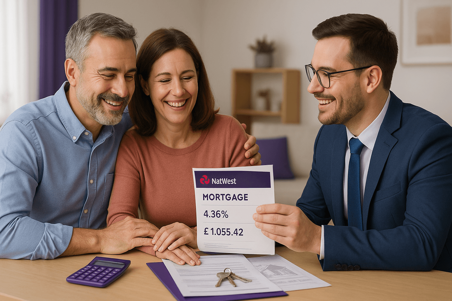 Smiling couple in their 40s reviewing a NatWest mortgage offer with a financial advisor, showing 4.36% rate and £1,055.42 monthly payment after debt consolidation.