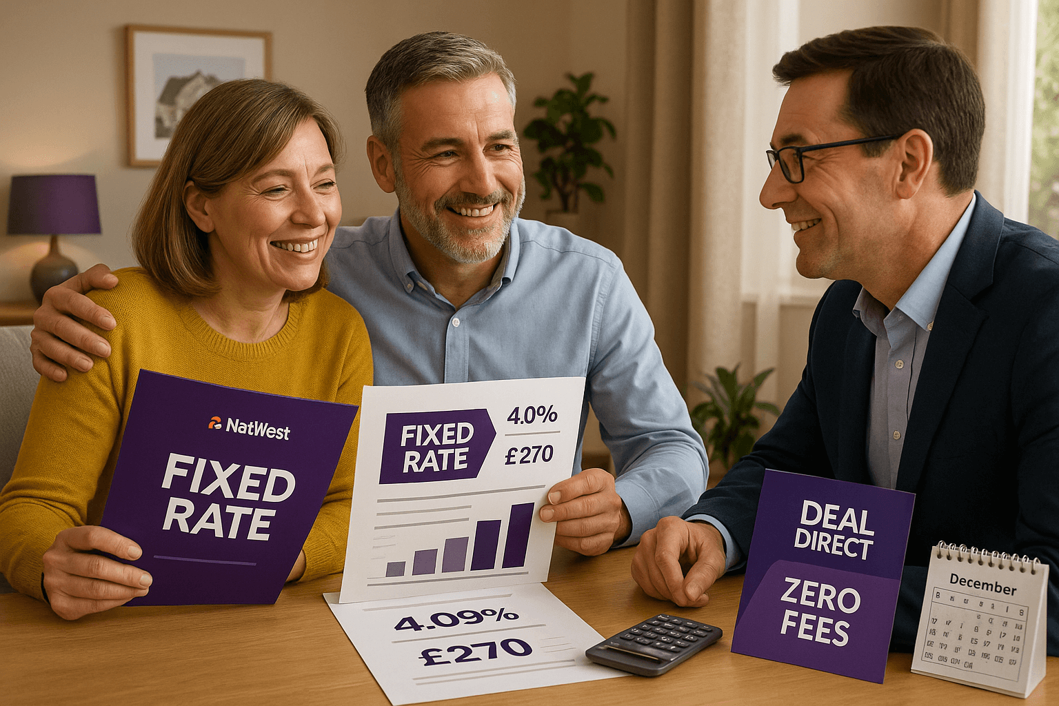 Middle-aged professional couple reviewing mortgage documents with a Deal Direct advisor, showing relief about securing a 4.09% fixed rate with zero fees, NatWest branding visible.