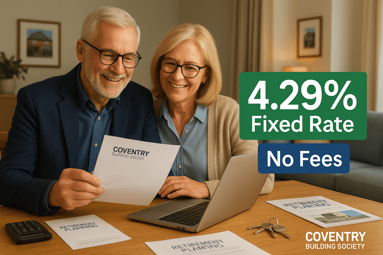 Smiling professional couple in their 60s reviewing Coventry Building Society mortgage documents at home with 4.29% fixed rate and no fees offer displayed