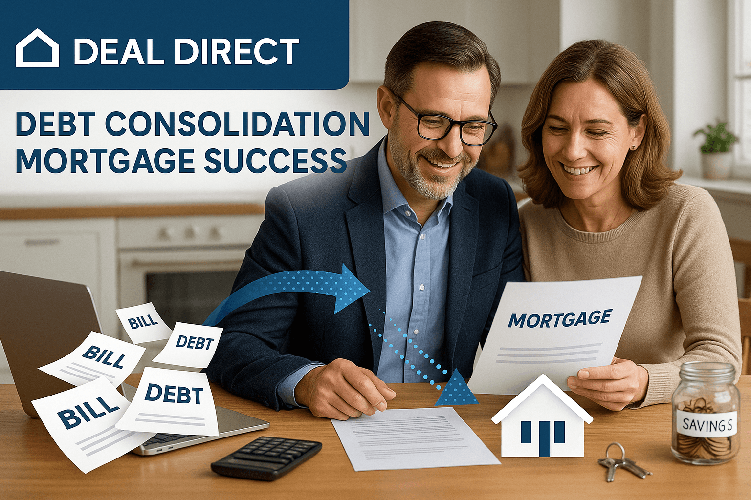 Professional couple reviewing mortgage documents at home after successful debt consolidation with Deal Direct, representing financial relief and savings.