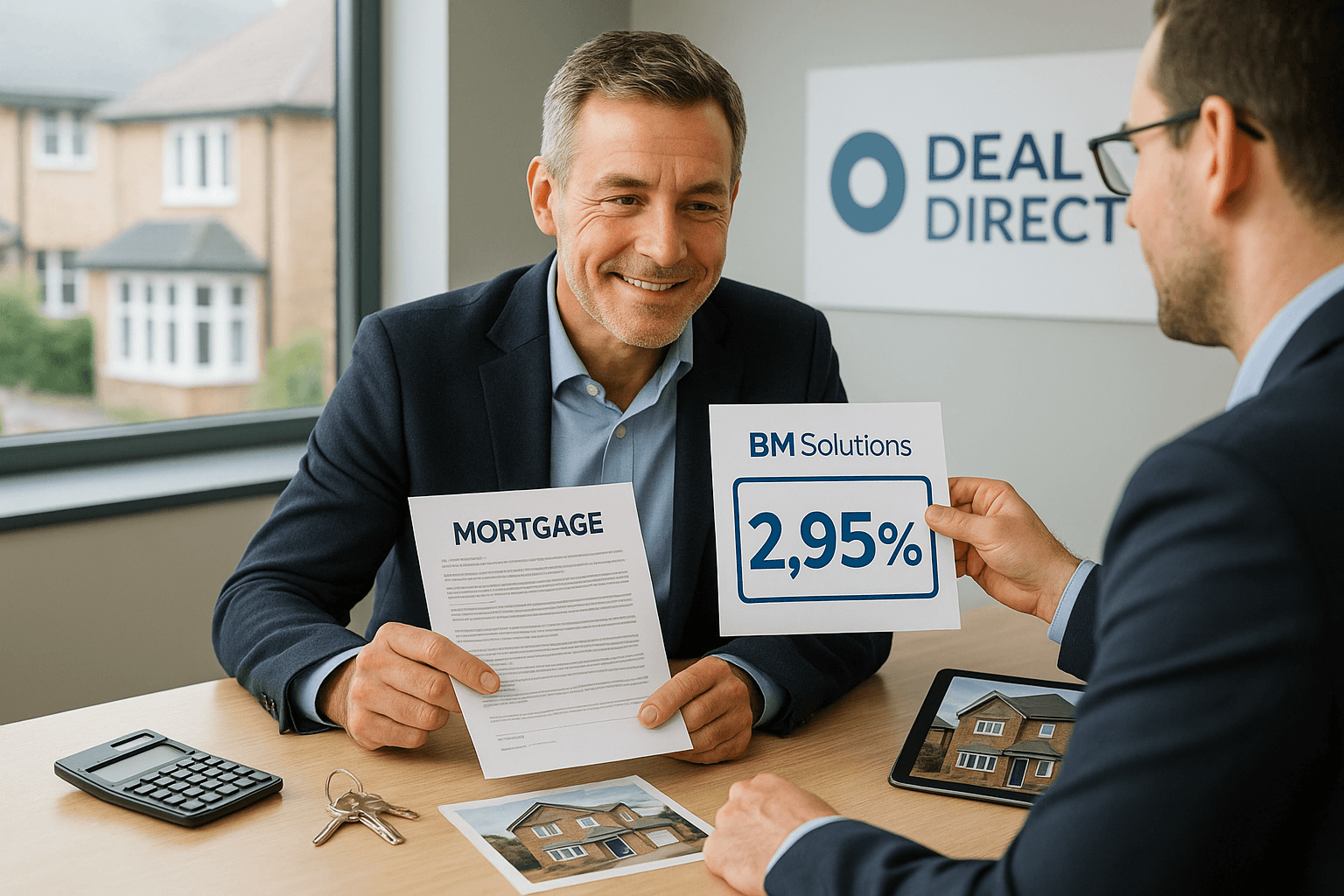 Confident investor discussing 2.95% BM Solutions mortgage rate with Deal Direct advisor, with property photos, keys, and calculator on desk.