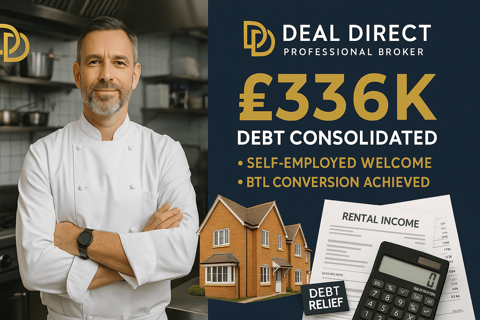 Confident self-employed landlord and chef in commercial kitchen with Deal Direct branding, highlighting £336K debt consolidation, self-employed mortgage solutions, and buy-to-let conversion achieved