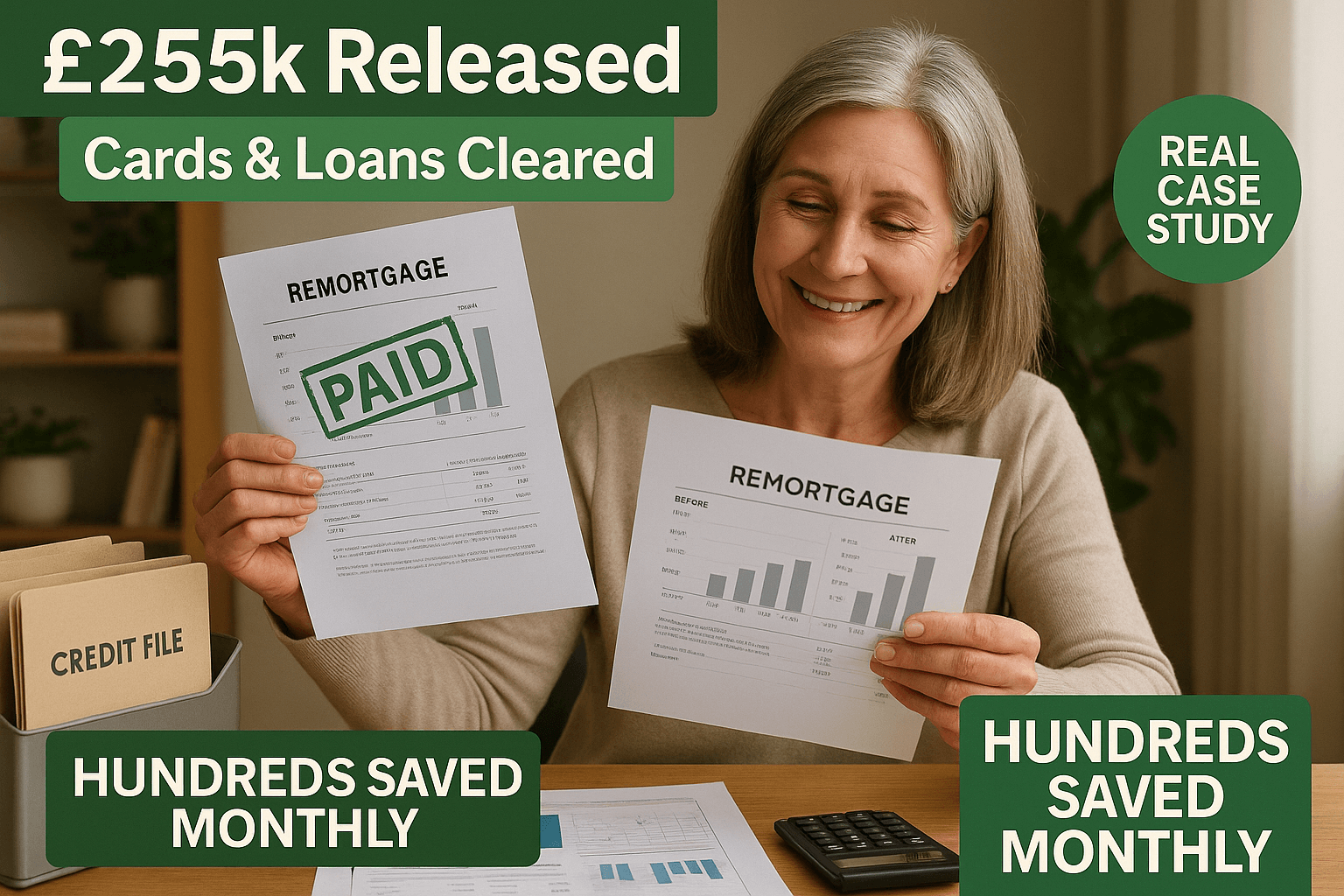 Professional woman in her 50s smiling at home office desk, reviewing remortgage documents and paid credit card statements, highlighting £255k released and hundreds saved monthly.